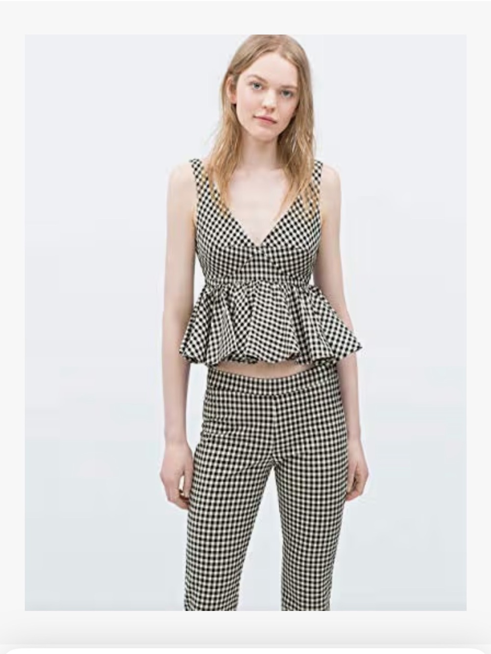 Zara Black & White Gingham Peplum Crop Top size S Cotton Deep V neckline
